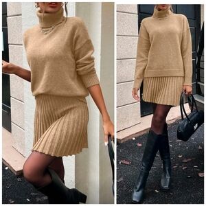 New Chic Two Piece Turtleneck Knit Sweater Pleated Short Skirt Set Khaki Tan